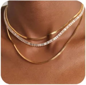 Tennis Necklace for Women,Herringbone Choker Necklace Set Layer Snake Chain Herringbone Chain Necklace Layering Necklace Set Cuban Chain Necklace for Women