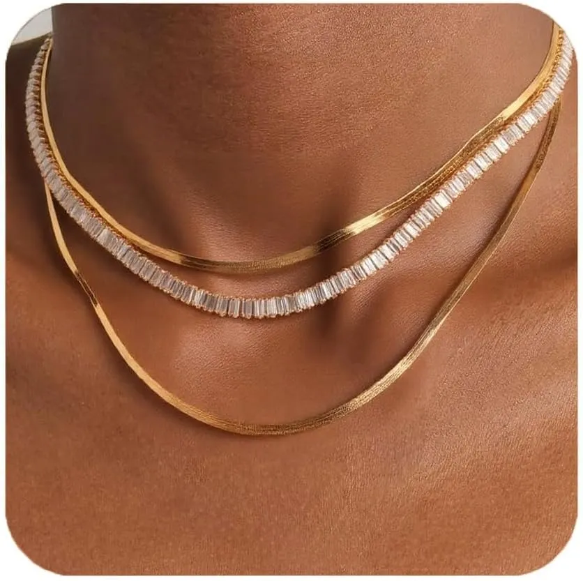 Tennis Necklace for Women,Herringbone Choker Necklace Set Layer Snake Chain Herringbone Chain Necklace Layering Necklace Set Cuban Chain Necklace for Women