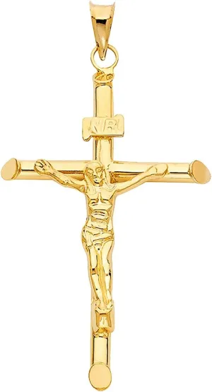 TGDJ 14KY Religious Crucifix Pendant | 14K Yellow Gold Christian Jewelry Jesus Pendant Locket For Men Women | 48 mm x 32 mm Gold Chain Pendants