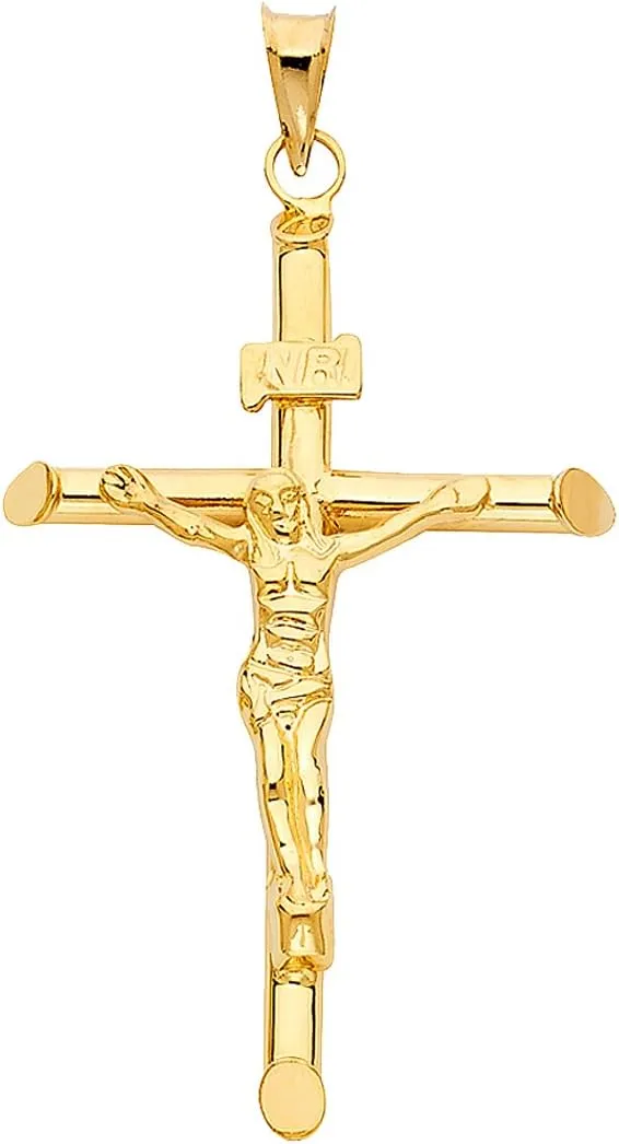 TGDJ 14KY Religious Crucifix Pendant | 14K Yellow Gold Christian Jewelry Jesus Pendant Locket For Men Women | 48 mm x 32 mm Gold Chain Pendants