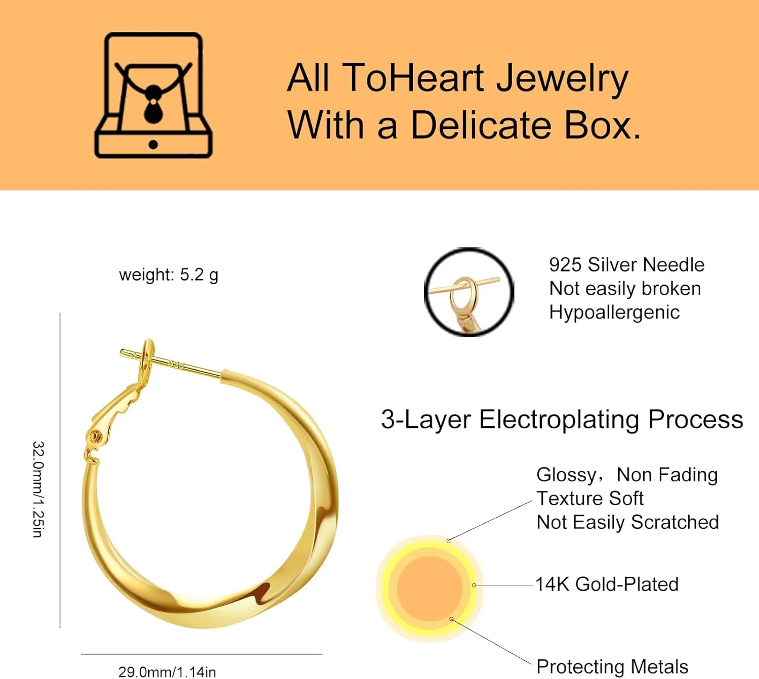 ToHeart 14k Gold Hoop Earrings for Womens Hoop Earrings