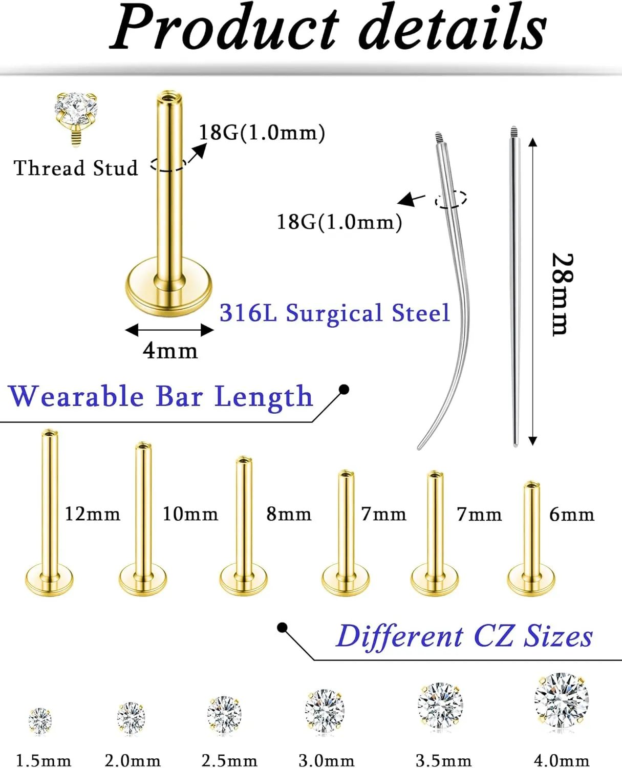 Tornito 6Pairs 18K Gold Plated Internally Threaded Nose Piercing Studs Stainless Steel Lip Studs CZ Flat Back Stud Earrings Nostril Labret Conch Cartilage Earrings Helix Tragus 6/7/7/8/10/12mm 16G 18G