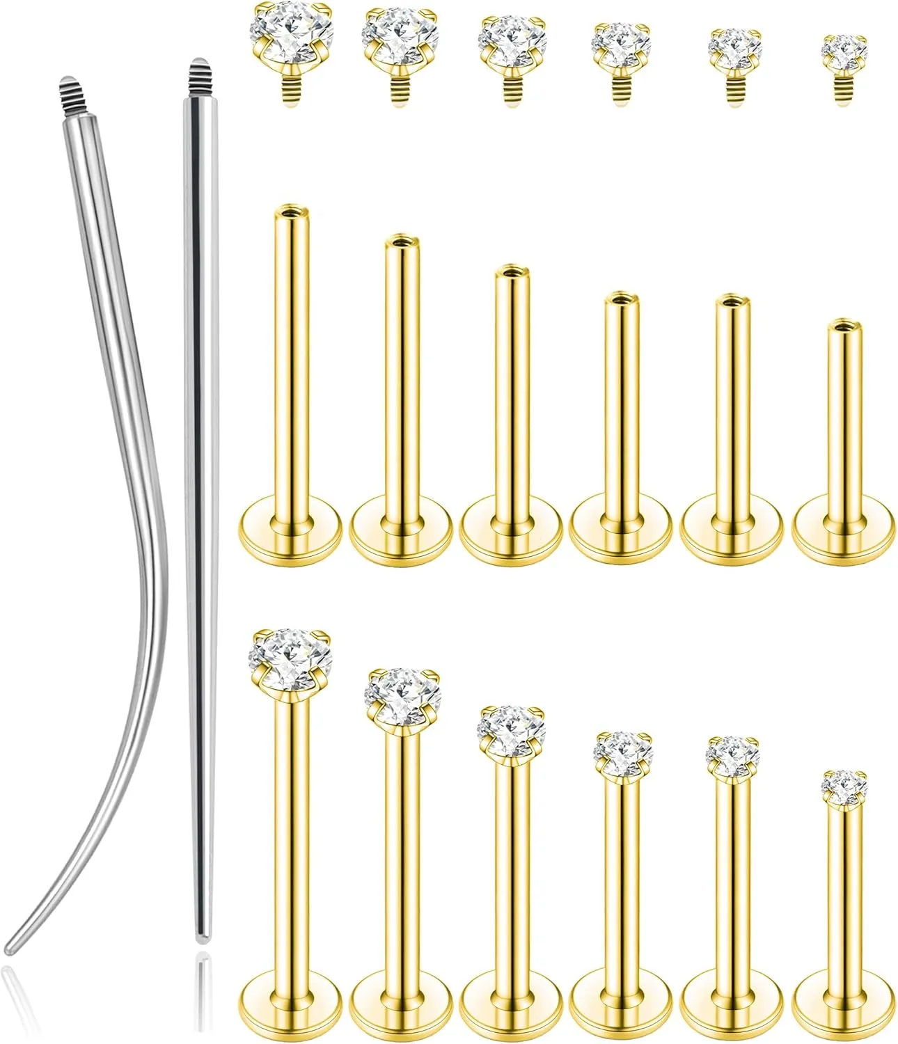 Tornito 6Pairs 18K Gold Plated Internally Threaded Nose Piercing Studs Stainless Steel Lip Studs CZ Flat Back Stud Earrings Nostril Labret Conch Cartilage Earrings Helix Tragus 6/7/7/8/10/12mm 16G 18G