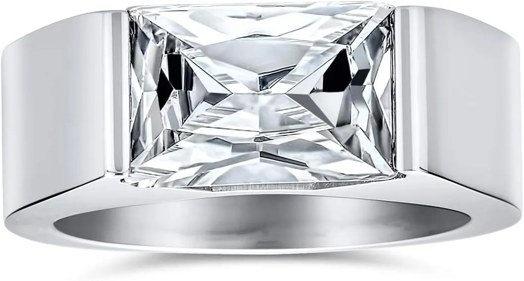 Traditional Unisex Personalize 3CT Simulated Blue Sapphire AAA CZ Square Princess Cut Solitaire Mens Engagement Ring Pinky Ring Silver Plated For Men Customizable