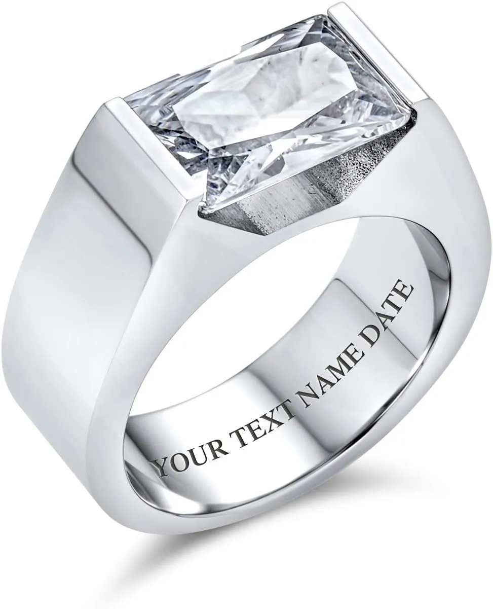 Traditional Unisex Personalize 3CT Simulated Blue Sapphire AAA CZ Square Princess Cut Solitaire Mens Engagement Ring Pinky Ring Silver Plated For Men Customizable