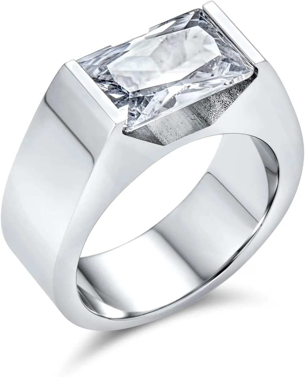 Traditional Unisex Personalize 3CT Simulated Blue Sapphire AAA CZ Square Princess Cut Solitaire Mens Engagement Ring Pinky Ring Silver Plated For Men Customizable