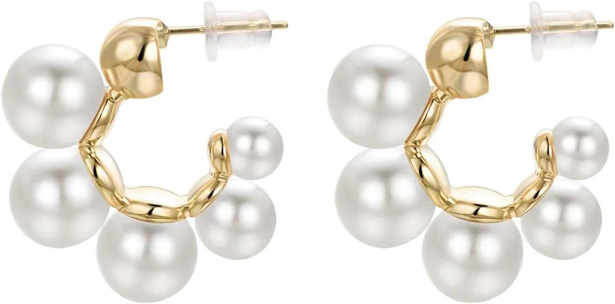 Trendy Gold Hoop Pearl Earrings for Women 14K Gold Plated Pearl Hoop Earrings Hypoallergenic Jewelry