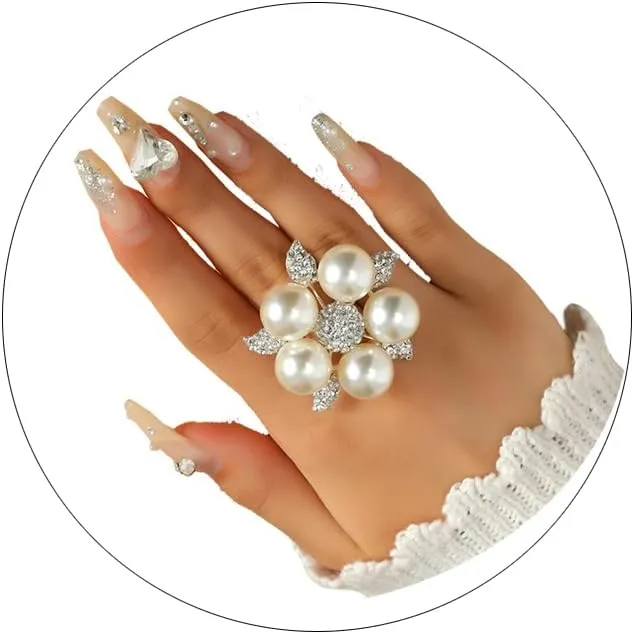 Trendy Pearl Ring Stacking Promise Ring with Adjustable Open Finger Ring in Retro Exaggerated Pearl Cluster Style - Personality Statement Jewelry for Women