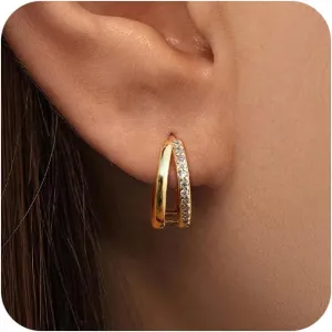 Trendy Women's Double Hoop Earrings - 18k Gold, Small Gold Hoop, Hypoallergenic Gift