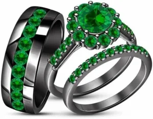 Triostar Round Cut Created Green Emerald Stone Couple Ring Bridal Sets His Hers 14K Black Gold Over 925 Silver Wedding Engagement Trio Ring Set