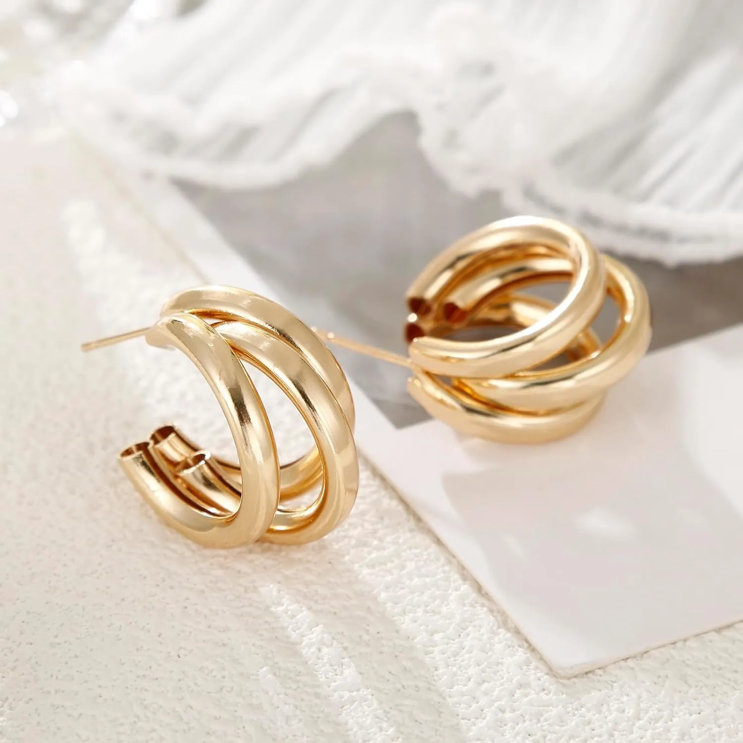Triple Hoop Earrings, Split Hoop Huggie Earrings Trendy Chunky Earrings for Women