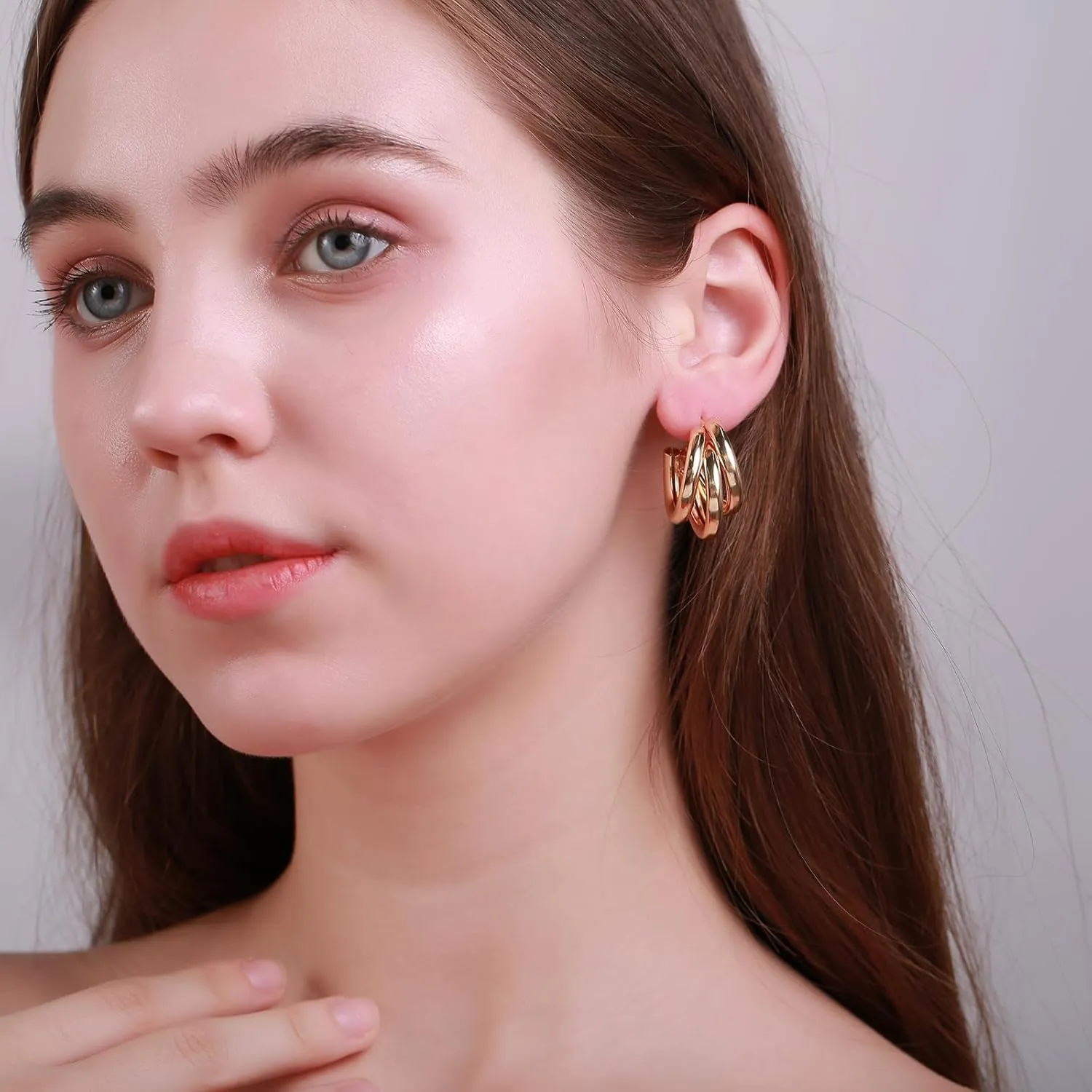 Triple Hoop Earrings, Split Hoop Huggie Earrings Trendy Chunky Earrings for Women