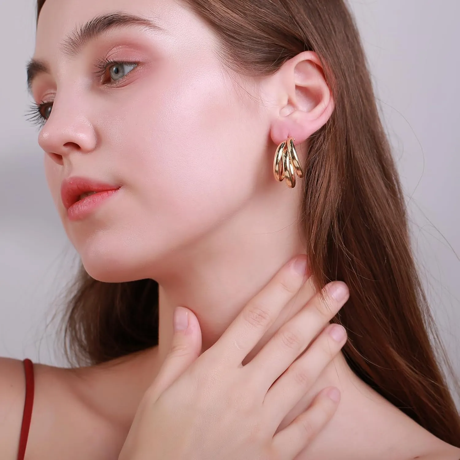 Triple Hoop Earrings, Split Hoop Huggie Earrings Trendy Chunky Earrings for Women