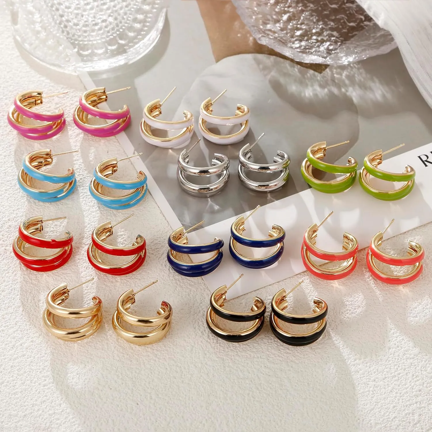 Triple Hoop Earrings, Split Hoop Huggie Earrings Trendy Chunky Earrings for Women