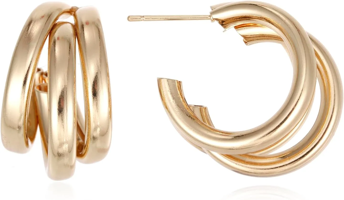 Triple Hoop Earrings, Split Hoop Huggie Earrings Trendy Chunky Earrings for Women