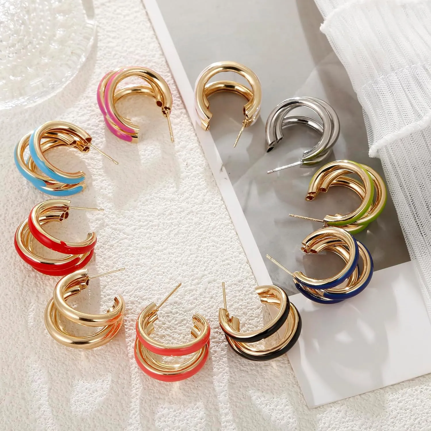 Triple Hoop Earrings, Split Hoop Huggie Earrings Trendy Chunky Earrings for Women