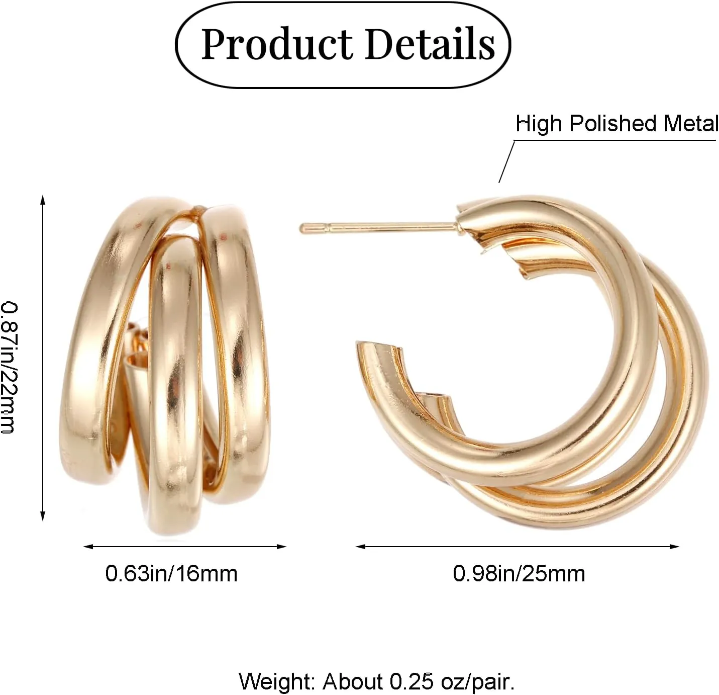 Triple Hoop Earrings, Split Hoop Huggie Earrings Trendy Chunky Earrings for Women
