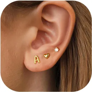 Turandoss 3 Pairs Hypoallergenic Initial Heart Zircon Stud Earrings for Women, 14K Gold Plated Letter A-Z Heart Zircon Flat Back Earrings Set Jewelry Gifts for Women Trendy