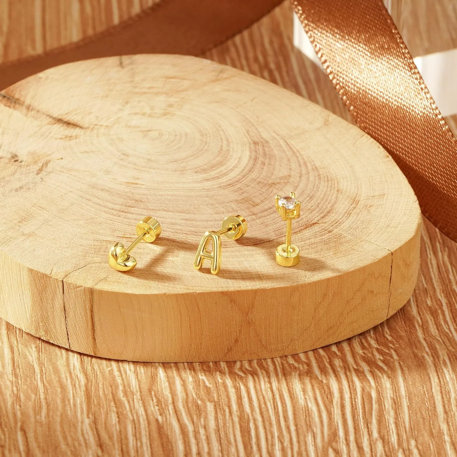 Turandoss 3 Pairs Hypoallergenic Initial Heart Zircon Stud Earrings for Women, 14K Gold Plated Letter A-Z Heart Zircon Flat Back Earrings Set Jewelry Gifts for Women Trendy