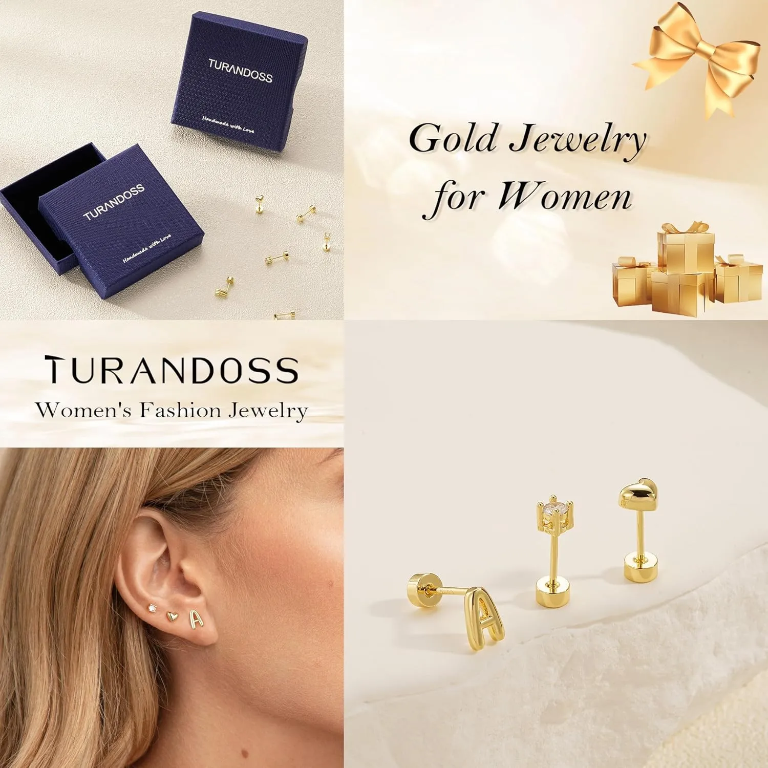 Turandoss 3 Pairs Hypoallergenic Initial Heart Zircon Stud Earrings for Women, 14K Gold Plated Letter A-Z Heart Zircon Flat Back Earrings Set Jewelry Gifts for Women Trendy