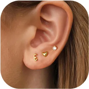 Turandoss 3 Pairs Hypoallergenic Initial Heart Zircon Stud Earrings for Women, 14K Gold Plated Letter A-Z Heart Zircon Flat Back Earrings Set Jewelry Gifts for Women Trendy