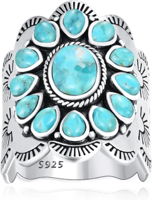 Turquoise Ring for Women 925 Sterling Silver Vintage Statement Rings with Pear Shaped and Oval Turquoise Ring Size 6-10
