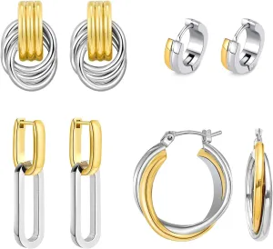 Two Tone Drop Dangle Earrings - Gold Silver Plated Hoop Huggie Earrings for Women - Trendy Jewelry