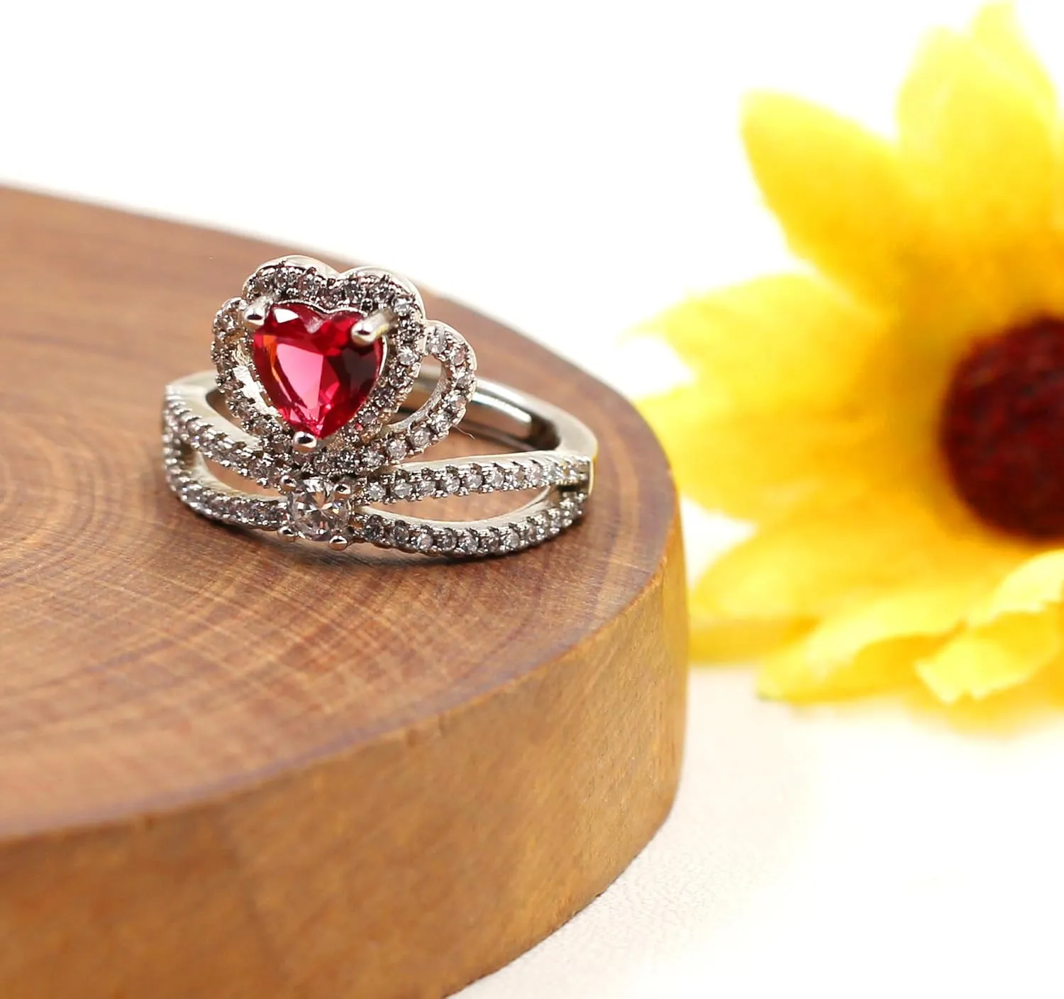 Uloveido Elegant 2-Tone Blue Red Green Crystal Heart Ring - Resizable Silver Color Princess Crown Shape CZ Ring for Female Women Engagement Birthday Valentines Day Gift YA4665