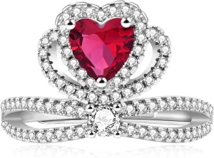 Uloveido Elegant 2-Tone Blue Red Green Crystal Heart Ring - Resizable Silver Color Princess Crown Shape CZ Ring for Female Women Engagement Birthday Valentines Day Gift YA4665