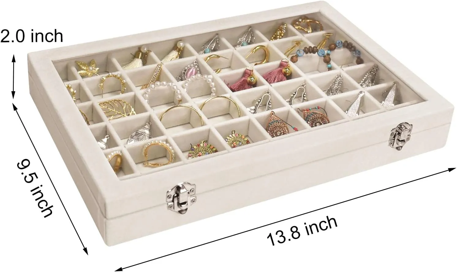 Velvet Jewelry Tray 48 Grid Jewelry Display Tray Organizer Box with Transparent Lid Rings Earrings Necklaces Pendants Display Box Suitable for Women and Girls (Beige)