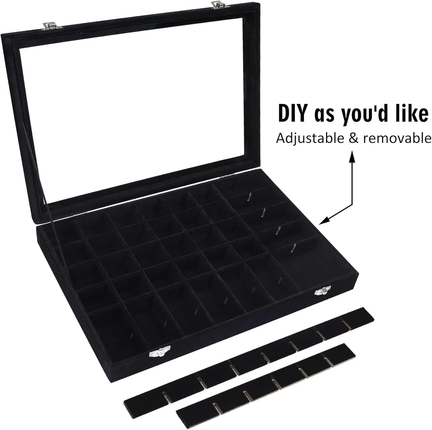 Velvet Jewelry Tray 48 Grid Jewelry Display Tray Organizer Box with Transparent Lid Rings Earrings Necklaces Pendants Display Box Suitable for Women and Girls (Black)