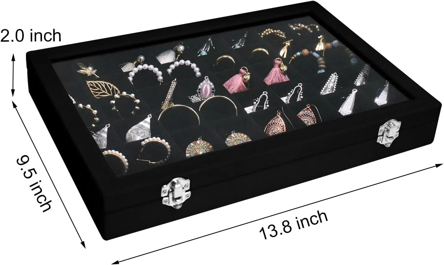 Velvet Jewelry Tray 48 Grid Jewelry Display Tray Organizer Box with Transparent Lid Rings Earrings Necklaces Pendants Display Box Suitable for Women and Girls (Black)