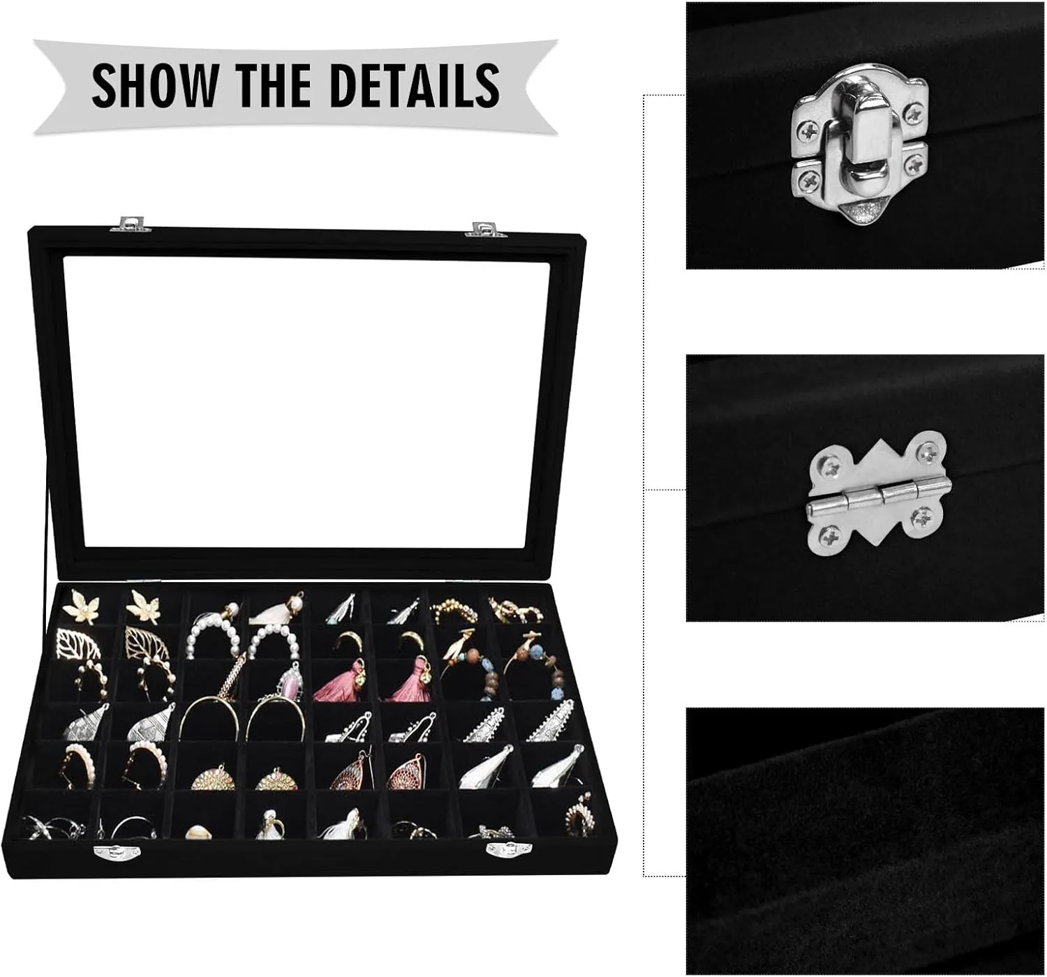 Velvet Jewelry Tray 48 Grid Jewelry Display Tray Organizer Box with Transparent Lid Rings Earrings Necklaces Pendants Display Box Suitable for Women and Girls (Black)