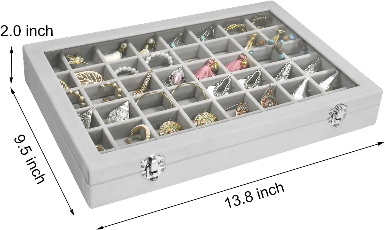 Velvet Jewelry Tray 48 Grid Jewelry Display Tray Organizer Box with Transparent Lid Rings Earrings Necklaces Pendants Display Box Suitable for Women and Girls (Grey)