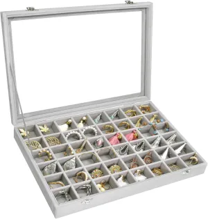 Velvet Jewelry Tray 48 Grid Jewelry Display Tray Organizer Box with Transparent Lid Rings Earrings Necklaces Pendants Display Box Suitable for Women and Girls (Grey)