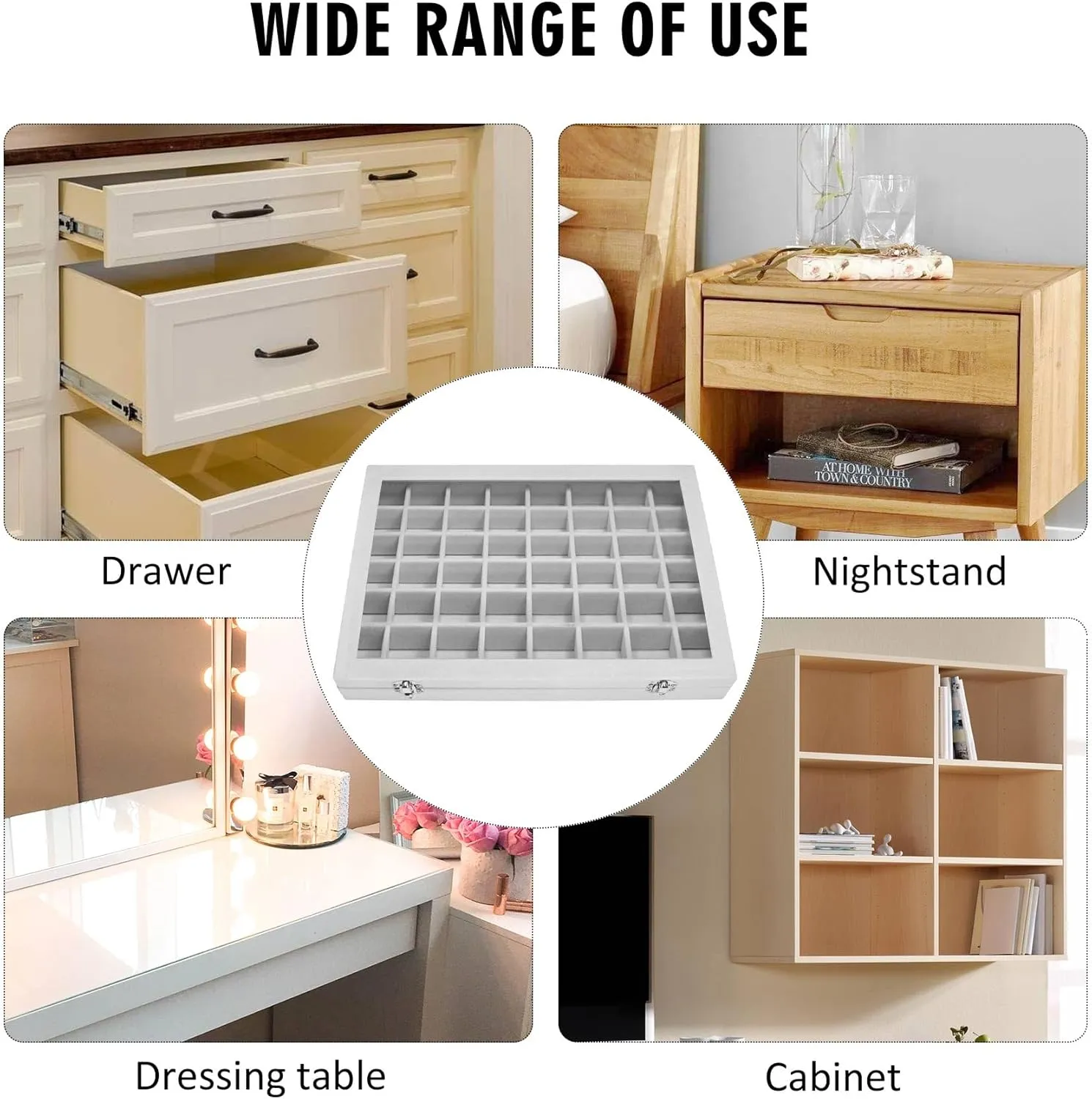 Velvet Jewelry Tray 48 Grid Jewelry Display Tray Organizer Box with Transparent Lid Rings Earrings Necklaces Pendants Display Box Suitable for Women and Girls (Grey)