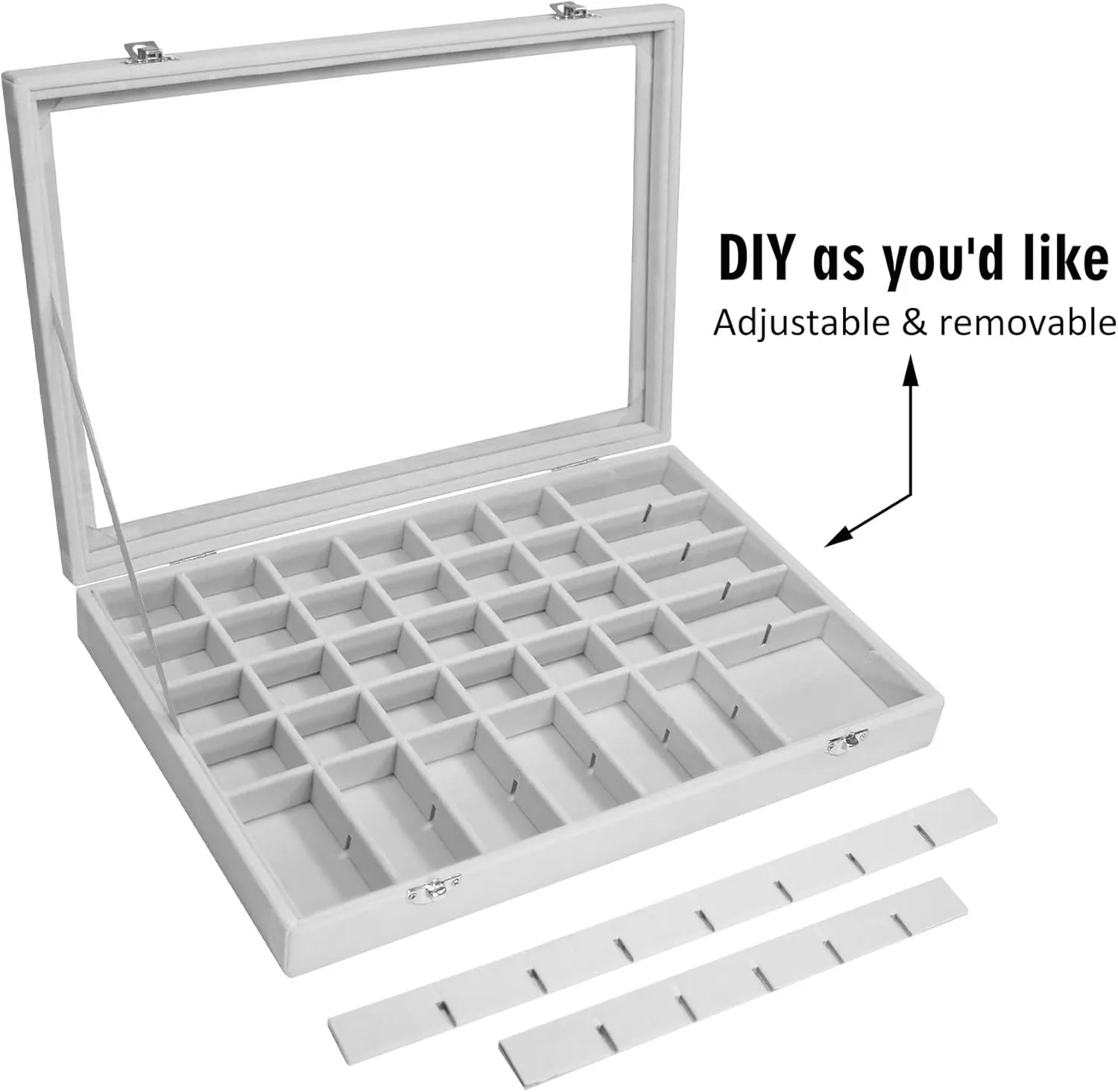 Velvet Jewelry Tray 48 Grid Jewelry Display Tray Organizer Box with Transparent Lid Rings Earrings Necklaces Pendants Display Box Suitable for Women and Girls (Grey)