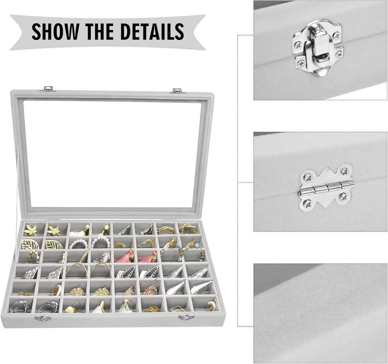 Velvet Jewelry Tray 48 Grid Jewelry Display Tray Organizer Box with Transparent Lid Rings Earrings Necklaces Pendants Display Box Suitable for Women and Girls (Grey)