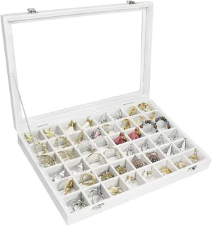 Velvet Jewelry Tray 48 Grid Jewelry Display Tray Organizer Box with Transparent Lid Rings Earrings Necklaces Pendants Display Box Suitable for Women and Girls (Ivory)