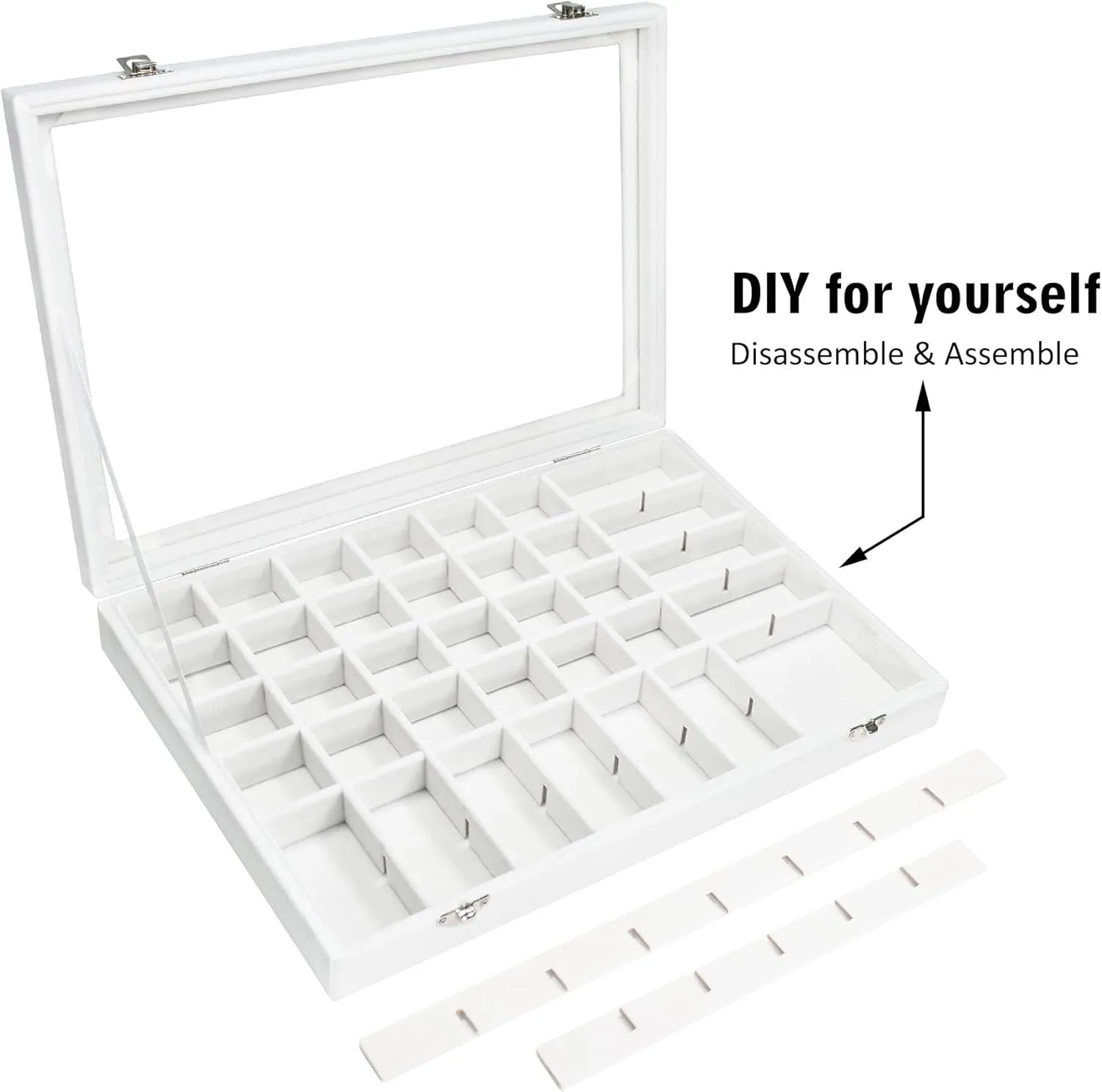 Velvet Jewelry Tray 48 Grid Jewelry Display Tray Organizer Box with Transparent Lid Rings Earrings Necklaces Pendants Display Box Suitable for Women and Girls (Ivory)
