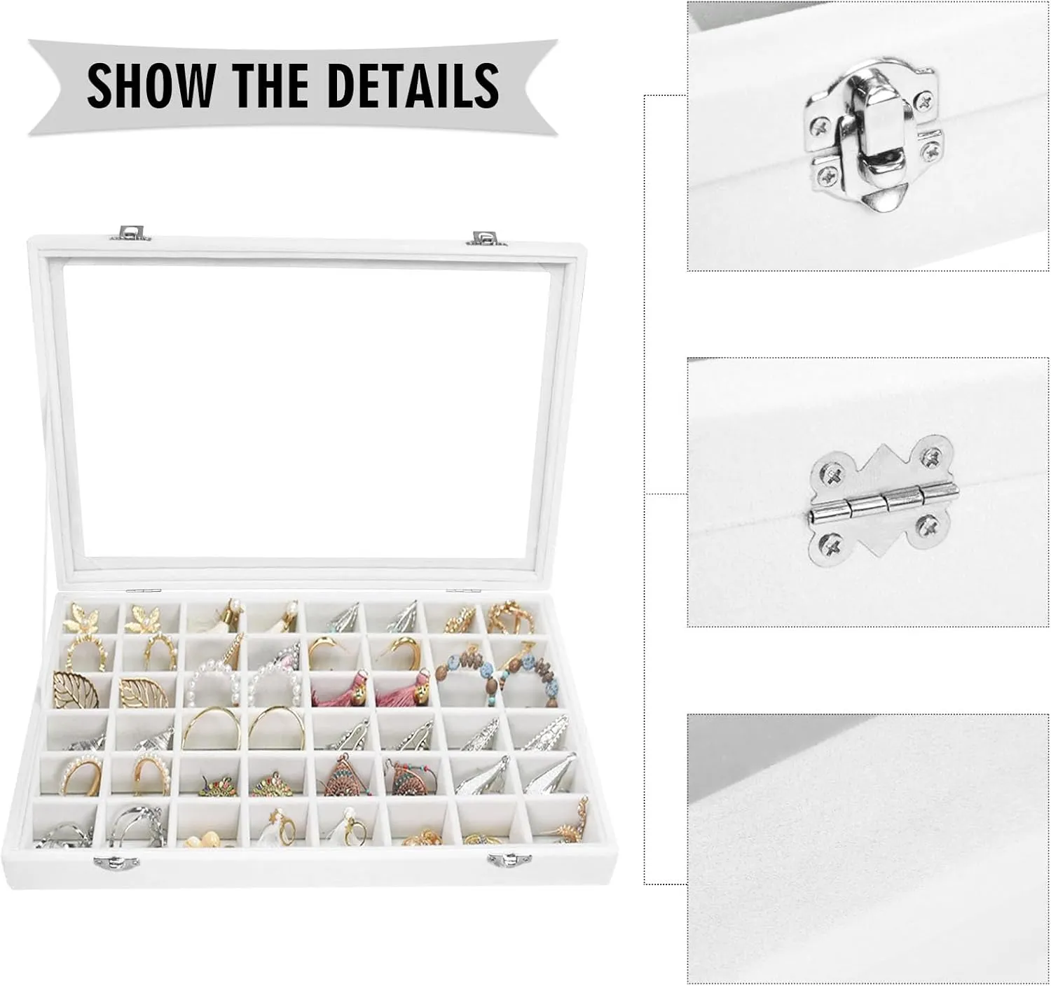 Velvet Jewelry Tray 48 Grid Jewelry Display Tray Organizer Box with Transparent Lid Rings Earrings Necklaces Pendants Display Box Suitable for Women and Girls (Ivory)