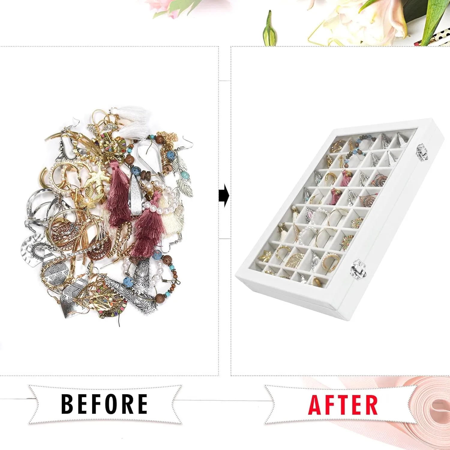 Velvet Jewelry Tray 48 Grid Jewelry Display Tray Organizer Box with Transparent Lid Rings Earrings Necklaces Pendants Display Box Suitable for Women and Girls (Ivory)
