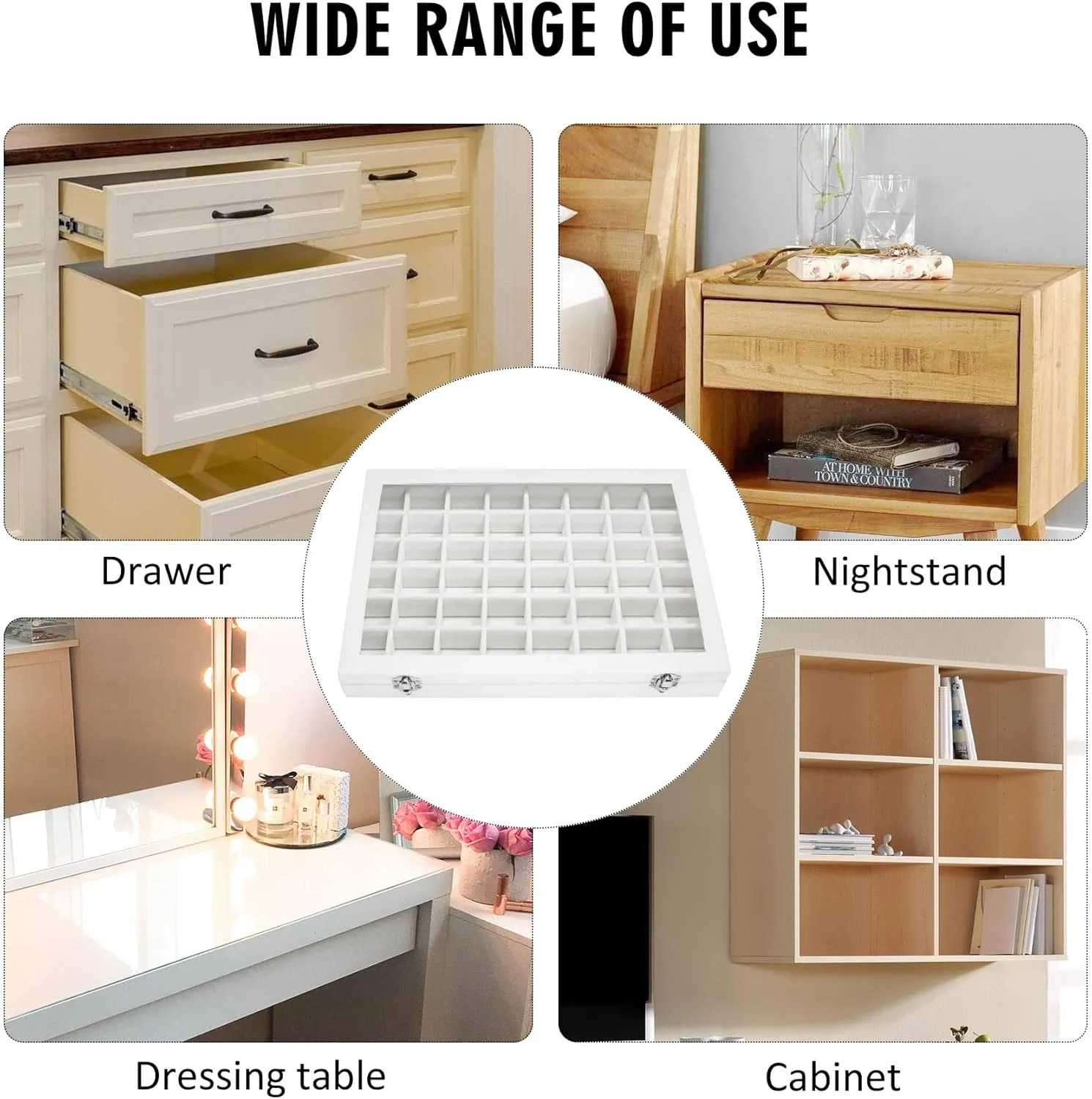 Velvet Jewelry Tray 48 Grid Jewelry Display Tray Organizer Box with Transparent Lid Rings Earrings Necklaces Pendants Display Box Suitable for Women and Girls (Ivory)