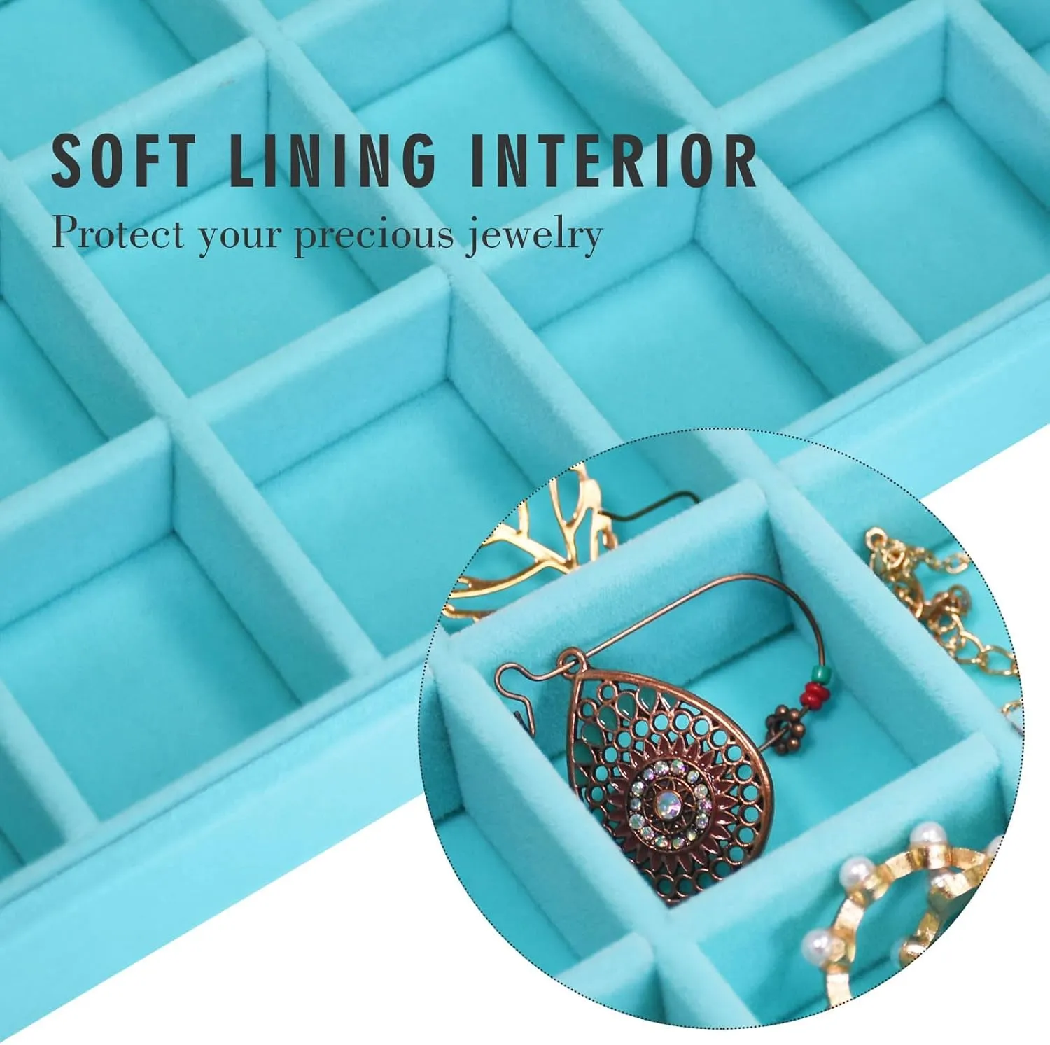 Velvet Jewelry Tray 48 Grid Jewelry Display Tray Organizer Box with Transparent Lid Rings Earrings Necklaces Pendants Display Box Suitable for Women and Girls (Light Blue)