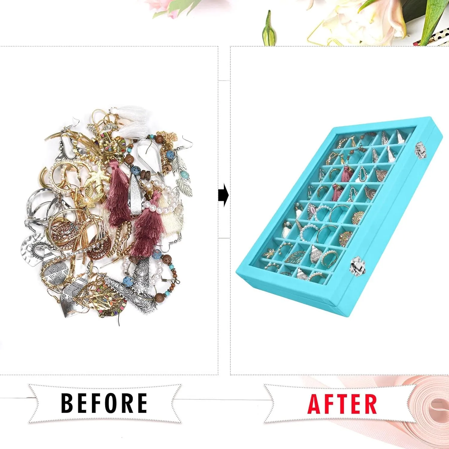 Velvet Jewelry Tray 48 Grid Jewelry Display Tray Organizer Box with Transparent Lid Rings Earrings Necklaces Pendants Display Box Suitable for Women and Girls (Light Blue)