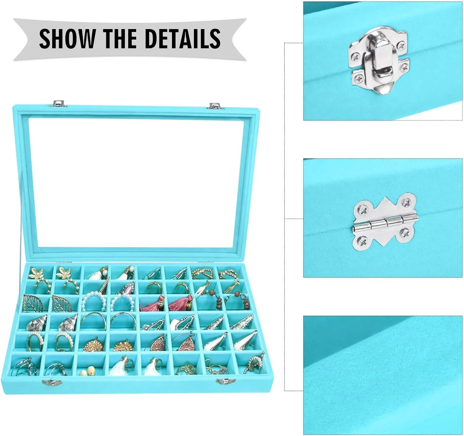 Velvet Jewelry Tray 48 Grid Jewelry Display Tray Organizer Box with Transparent Lid Rings Earrings Necklaces Pendants Display Box Suitable for Women and Girls (Light Blue)