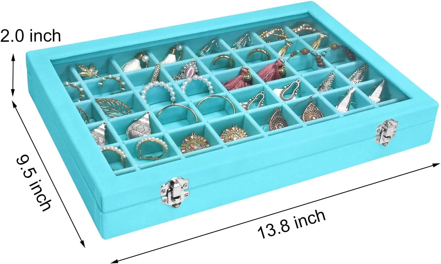 Velvet Jewelry Tray 48 Grid Jewelry Display Tray Organizer Box with Transparent Lid Rings Earrings Necklaces Pendants Display Box Suitable for Women and Girls (Light Blue)