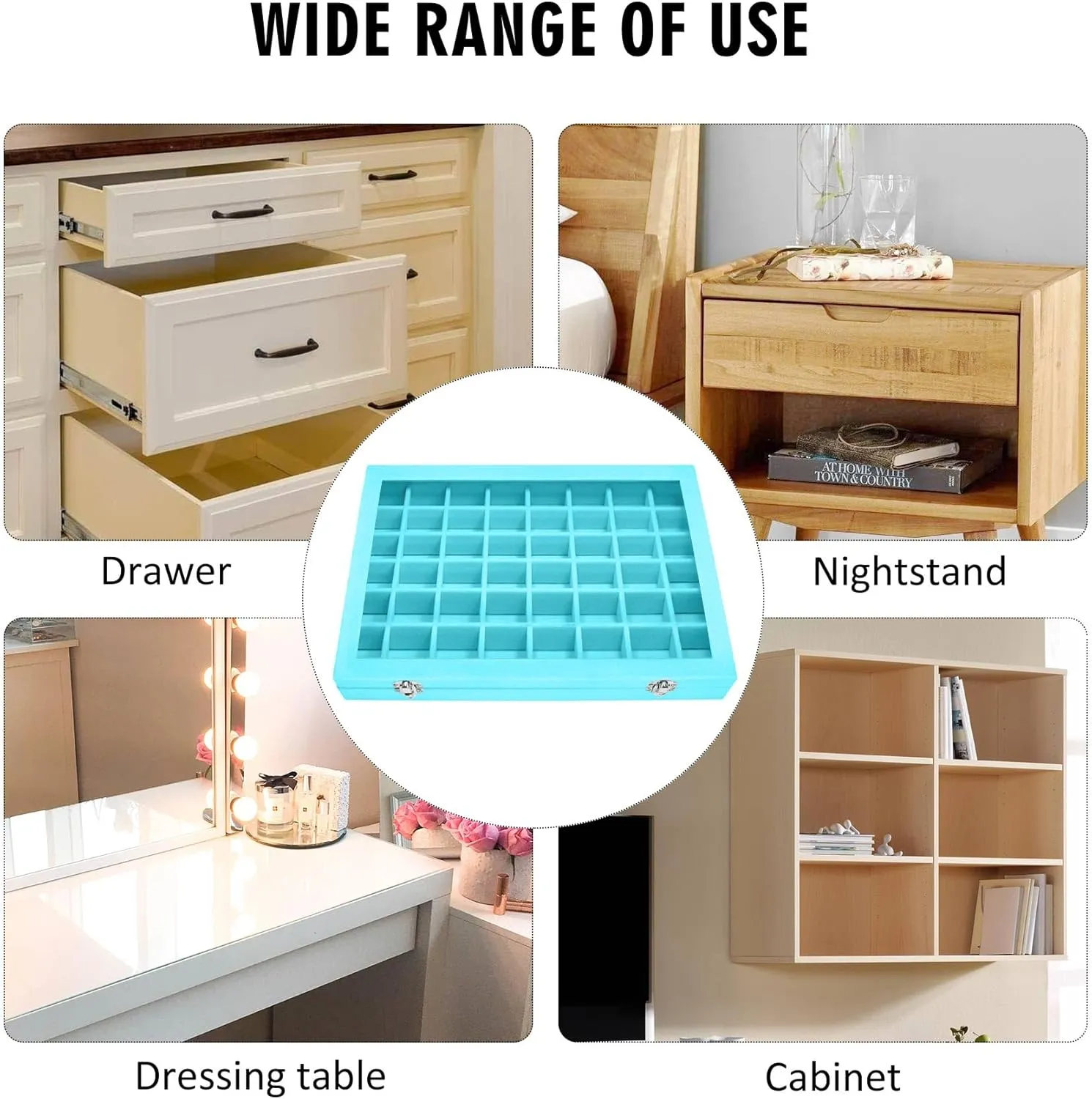 Velvet Jewelry Tray 48 Grid Jewelry Display Tray Organizer Box with Transparent Lid Rings Earrings Necklaces Pendants Display Box Suitable for Women and Girls (Light Blue)