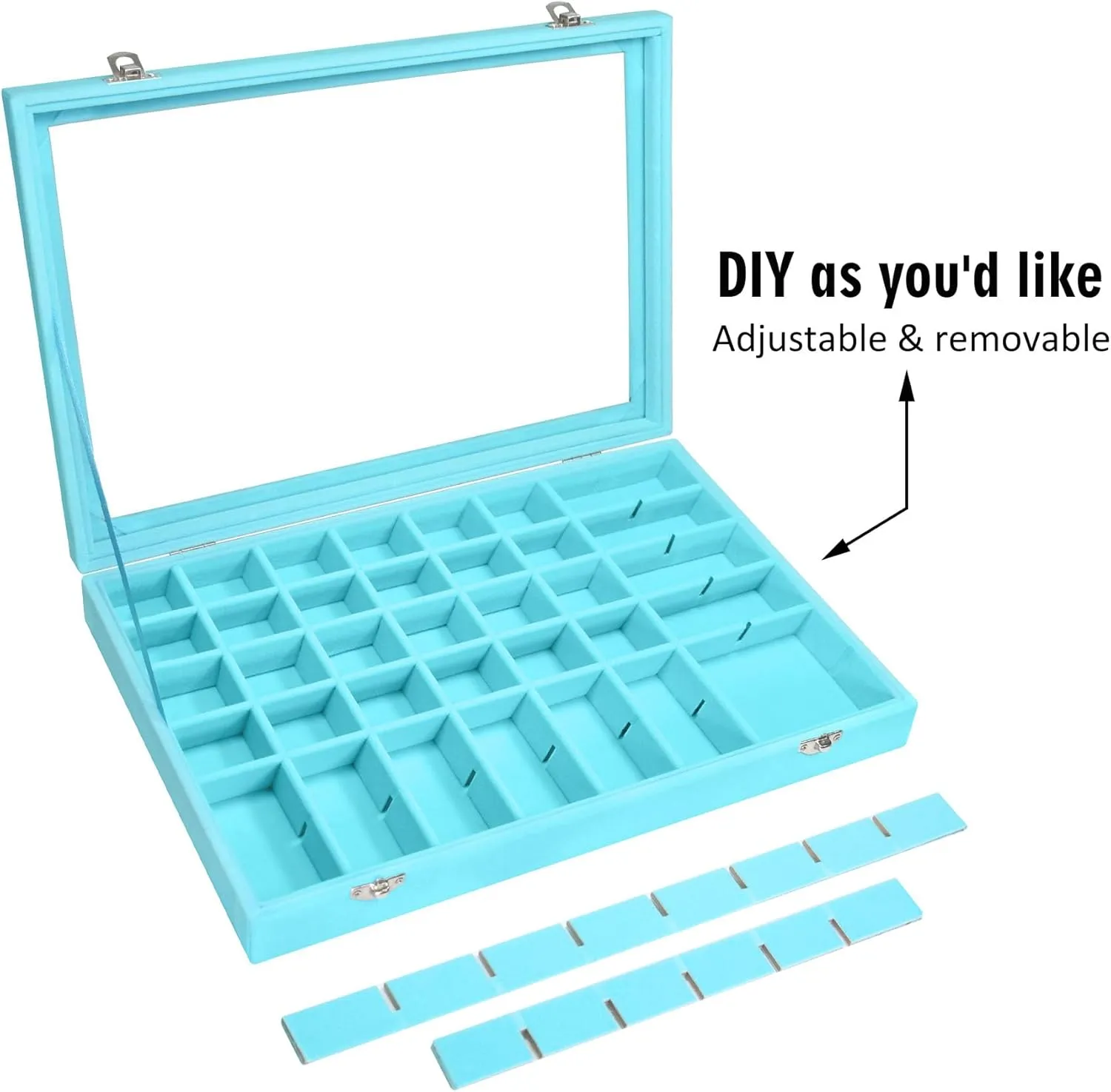 Velvet Jewelry Tray 48 Grid Jewelry Display Tray Organizer Box with Transparent Lid Rings Earrings Necklaces Pendants Display Box Suitable for Women and Girls (Light Blue)
