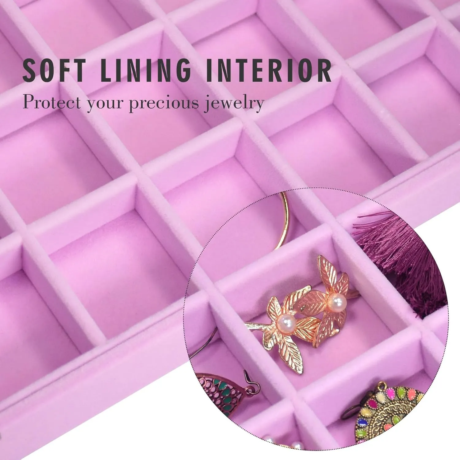 Velvet Jewelry Tray 48 Grid Jewelry Display Tray Organizer Box with Transparent Lid Rings Earrings Necklaces Pendants Display Box Suitable for Women and Girls (Pink)